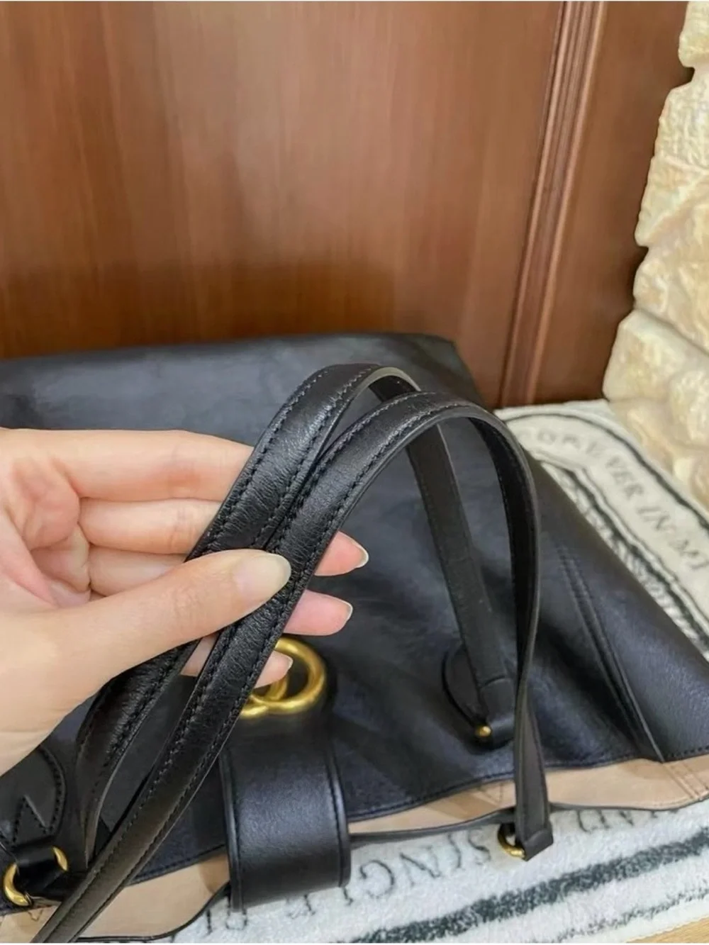 Gucci Black Leather Tote with Gold Double G Emblem